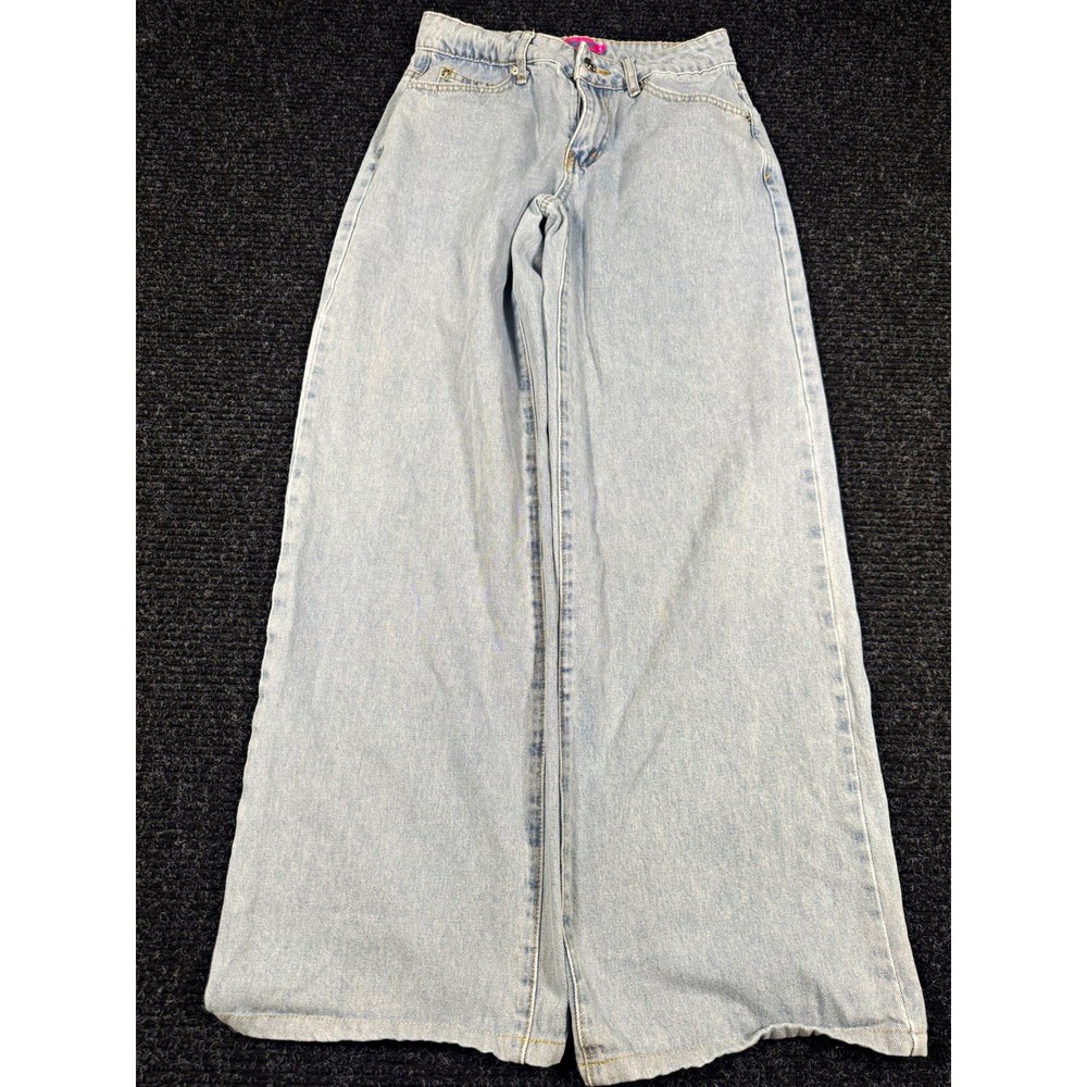 Edikted Bow Pocket Jeans Womens XS Light Wash Low Rise Wide Leg Y2K Coquette